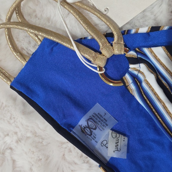NWT Beach Bunny Out of Line Stripe Blue Gold Strappy Reversible Bikini Bottoms L - Picture 5 of 7